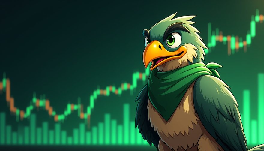 A Stryke PnL card: the hawk mascot celebrating in front of a rising green chart